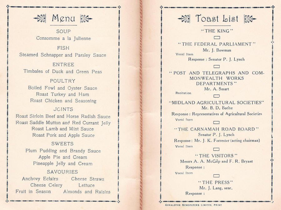 Menu & Toast List from Opening of the Carnamah Post Office in 1932