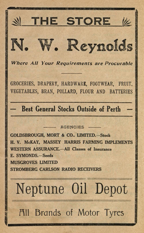1939 Advertisement for N. W. Reynolds Store in Carnamah