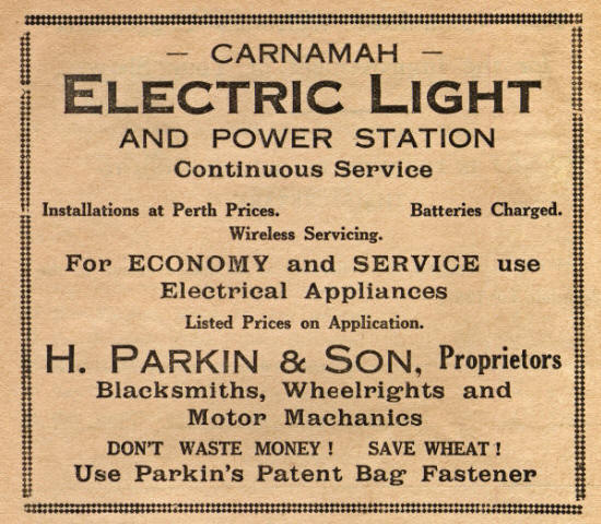 Advertisement for Carnamah Electric Light and Power Station