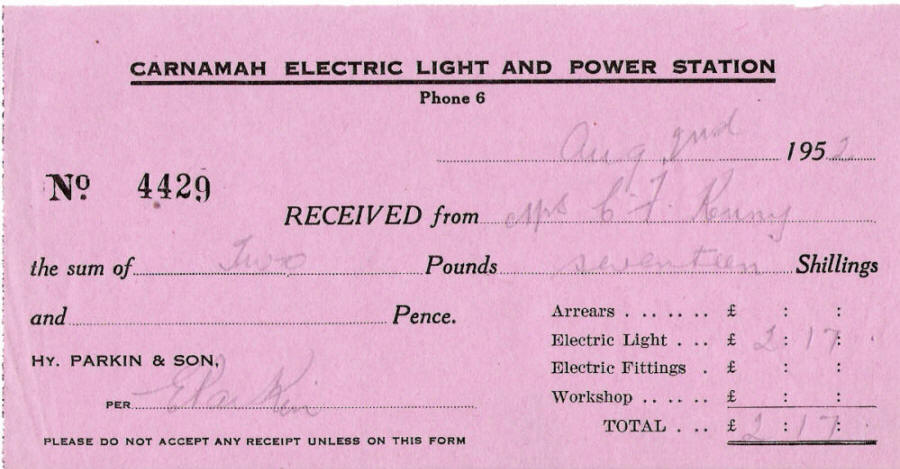 Receipt from the Carnamah Electric Light and Power Station