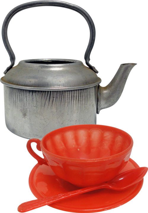 Metal Toy Kettle and Plastic Cup, Saucer and Spoon